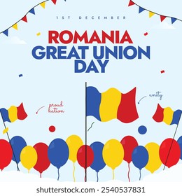 Romania great Union Day 1st December celebration banner, social media post. Romanian unification day banner with its flags, balloons in flag colours. The day recalls country's unification in 1918.