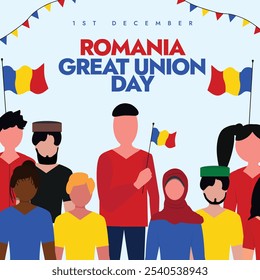 Romania great union day. 1st December Romania Union day celebration banner with its flags, people holding flags and wearing flag colours. The day recalls country's unification in 1918.