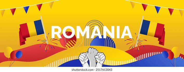 Romania Great Union Day background with abstract shapes in flag colors, blue, yellow and red. Modern style design for Romanian national day greeting card, horizontal poster, and header for website