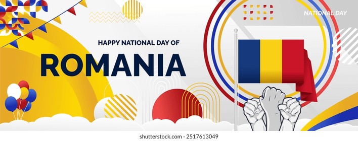 Romania Great Union Day background with abstract shapes in flag colors, blue, yellow and red. Modern style design for Romanian national day greeting card, horizontal poster, and header for website