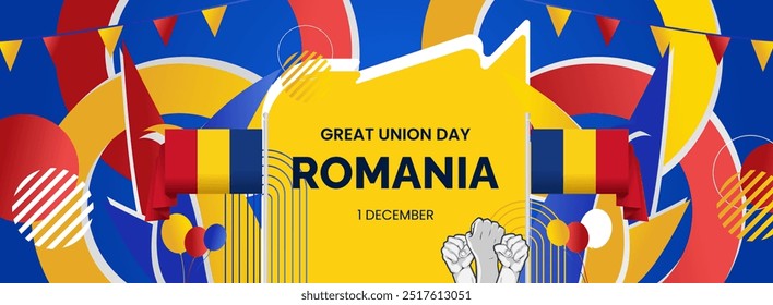 Romania Great Union Day background with abstract shapes in flag colors, blue, yellow and red. Modern style design for Romanian national day greeting card, horizontal poster, and header for website