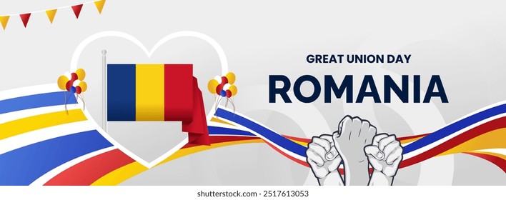 Romania Great Union Day background with abstract shapes in flag colors, blue, yellow and red. Modern style design for Romanian national day greeting card, horizontal poster, and header for website