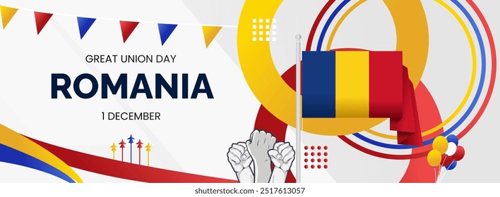 Romania Great Union Day background with abstract shapes in flag colors, blue, yellow and red. Modern style design for Romanian national day greeting card, horizontal poster, and header for website