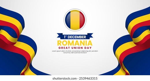 Romania Great Union Day Background Template Design Illustration with national waving ribbon flag