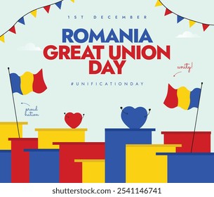 Romania Great Union day conceptual banner, post. 1st December Romania Union day celebration banner with Romanian flags, modern abstract art in flag colours. The day recalls country unification in 1918