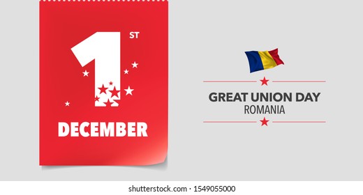 Romania great union day greeting card, banner, vector illustration. Romanian national day 1st of December background with elements of flag in a creative horizontal design