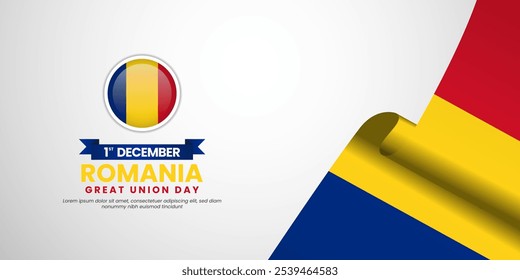 Romania great union day greeting card, banner background template with national waving flag