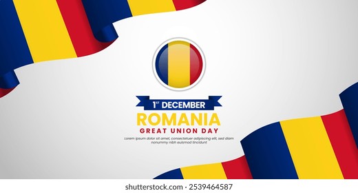 Romania great union day greeting card, banner background template with national waving flag