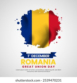 Romania great union day greeting card, banner illustration with grunge brush national flag style