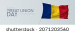 Romania great union day vector banner, greeting card. Romanian wavy flag in 1st of December national patriotic holiday horizontal design