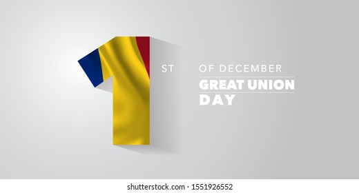 Romania great union day vector banner, greeting card. Romanian wavy flag in nonstandard design for 1st of December national holiday 