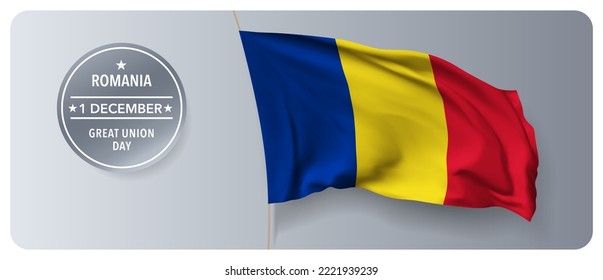 Romania great union day vector banner, greeting card. Romanian wavy flag in 1st of December national patriotic holiday horizontal design