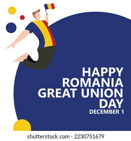 Romania great union day vector illustration with a man jumping and holding the national flag. European country public holiday celebrated annually on December 1