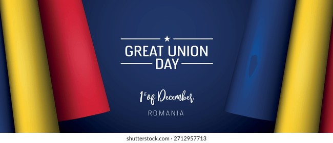 Rumänien große Union Tag Vektor Banner, Grußkarte. Rumänische Wellenfahne in 1. Dezember nationalen patriotischen Feiertag horizontalen Design