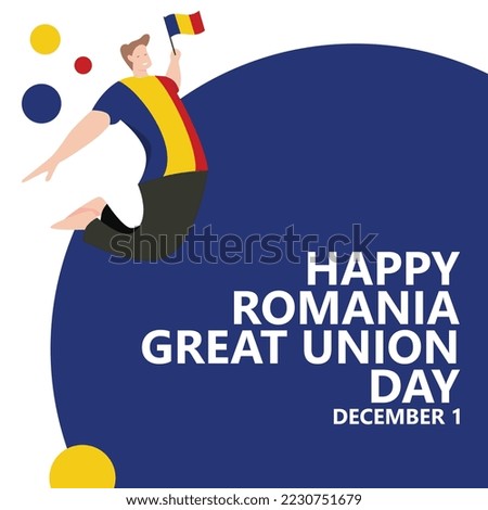 Romania great union day vector illustration with a man jumping and holding the national flag. European country public holiday celebrated annually on December 1