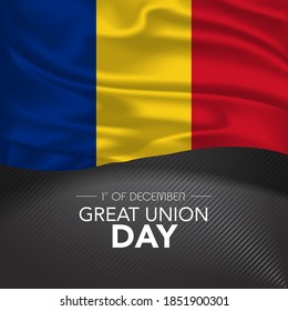 Romania happy great union day greeting card, banner, vector illustration. Romanian memorial holiday 1st of December design element with realistic flag with stripes, square format