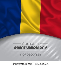 Romania happy great union day greeting card, banner vector illustration. Romanian national holiday 1st of December square design element with waving flag