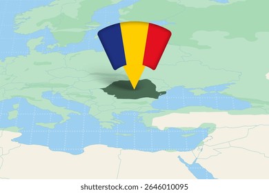 Romania Highlighted on Europe Map with Flag Icon. Detailed Vector Design.