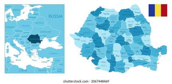 Romania - highly detailed blue map. Vector illustration