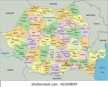Romania - Highly detailed editable political map with labeling.