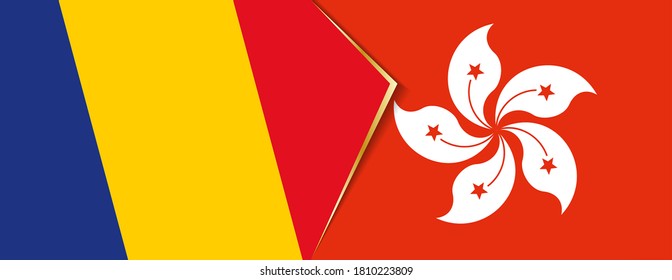 Romania and Hong Kong flags, two vector flags symbol of relationship or confrontation.