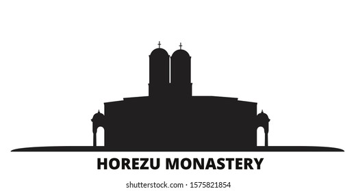 Romania, Horezu Monastery city skyline isolated vector illustration. Romania, Horezu Monastery travel black cityscape