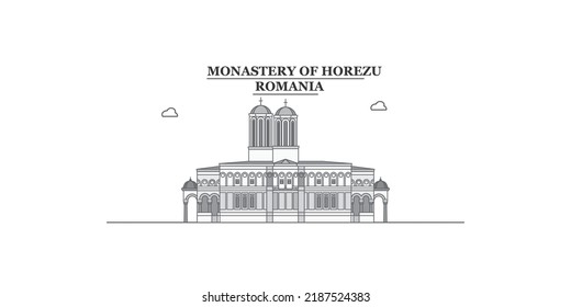 Romania, Horezu Monastery city skyline isolated vector illustration, icons