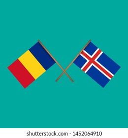 Romania and Iceland crossed flags.Language learning or travel concept. flat design.