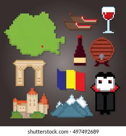 Romania icon set. Pixel art. Old school computer graphic style. Games elements.