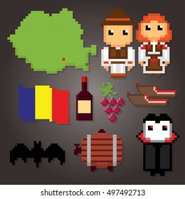 Romania icon set. Pixel art. Old school computer graphic style. Games elements.