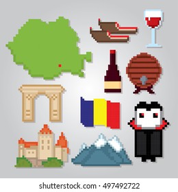 Romania icon set. Pixel art. Old school computer graphic style. Games elements.