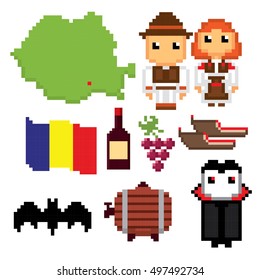 Romania icon set. Pixel art. Old school computer graphic style. Games elements.