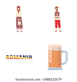 Romania icons set cartoon vector. Romanian people in national costume. Travel concept