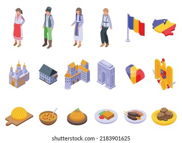 Romania icons set isometric vector. Bucharest food. Map castle