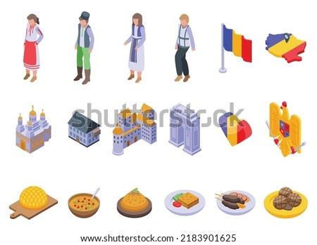 Romania icons set isometric vector. Bucharest food. Map castle
