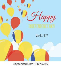 Romania Independence Day Greeting Card. Flying Flat Balloons In National Colors of Romania. Happy Independence Day Vector Illustration. Romanian Flag Balloons.