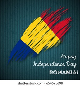 Romania Independence Day Patriotic Design. Expressive Brush Stroke in National Flag Colors on dark striped background. Happy Independence Day Romania Vector Greeting Card.