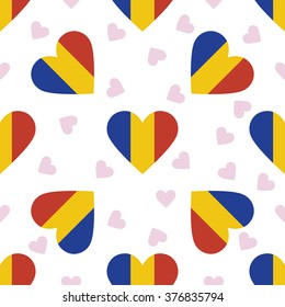 Romania independence day seamless pattern. Patriotic country flag background. Romania flag in the shape of heart. Vector seamless pattern.