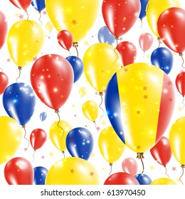 Romania Independence Day Seamless Pattern. Flying Rubber Balloons in Colors of the Romanian Flag. Happy Romania Day Patriotic Card with Balloons, Stars and Sparkles.
