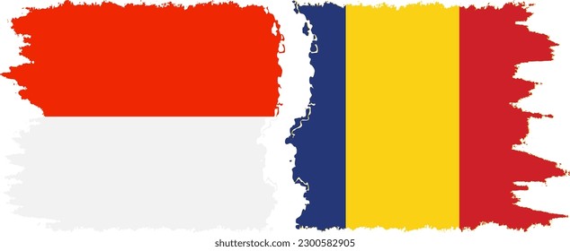 Romania and Indonesia grunge flags connection, vector