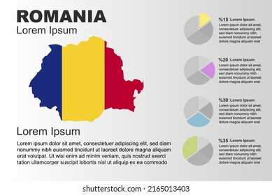 Romania infographic general use vector template with pie chart, copy space statistics idea, Romania country flag map with graphic, presentation idea, blank area graph for data, grey background