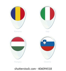 Romania, Italy, Hungary, Slovenia flag location map pin icon. Romania Flag, Italy Flag, Hungary Flag, Slovenia Flag. Vector Illustration.