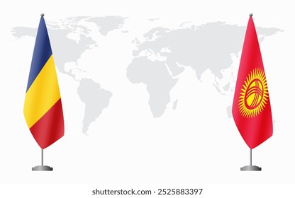 Romania and Kyrgyzstan flags for official meeting against background of world map.