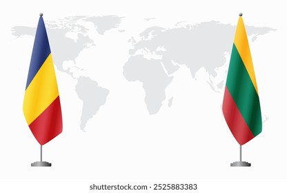 Romania and Lithuania flags for official meeting against background of world map.