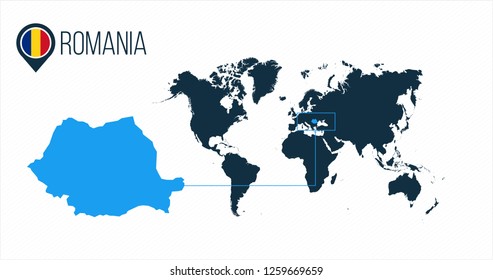 Romania location on the world map for infographics. All world countries without names. Romania round flag in the map pin or marker. vector illustration on stripped background.