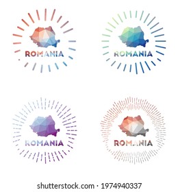 Romania low poly sunburst set. Logo of country in geometric polygonal style. Vector illustration.