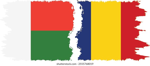 Romania and Madagascar grunge flags connection, vector