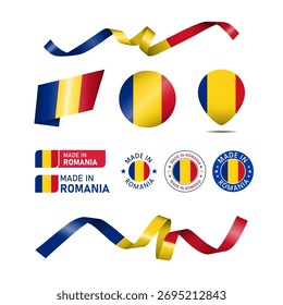 Romania made in logo. Set of design flags label icon, stripes, ribbons