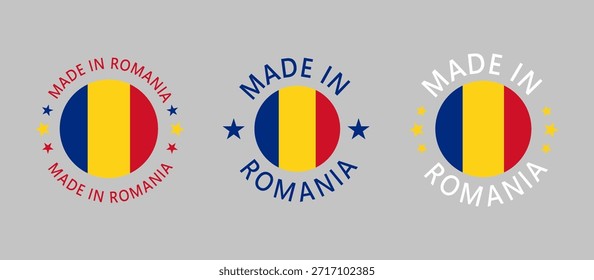 Romania Made in Stamp in circle with flag on white background