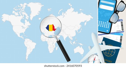 Romania is magnified over a World Map, illustration with airplane, passport, boarding pass, compass and eyeglasses. Vector illustration.